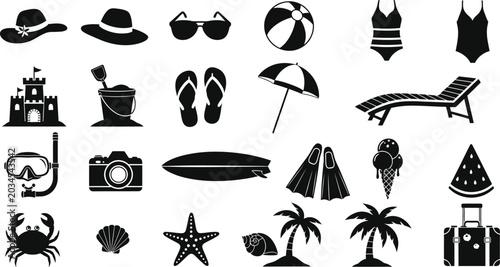 Summer vacation icons set beach essentials and tropical leisure graphics