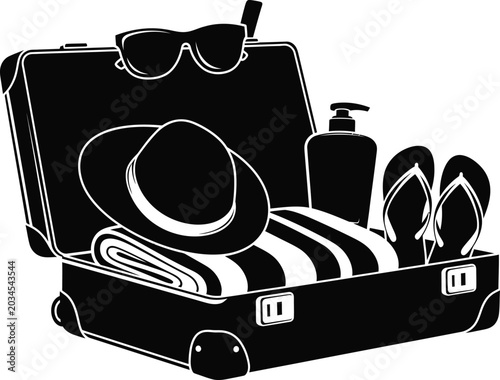 Open suitcase packed for beach vacation with sunscreen and accessories