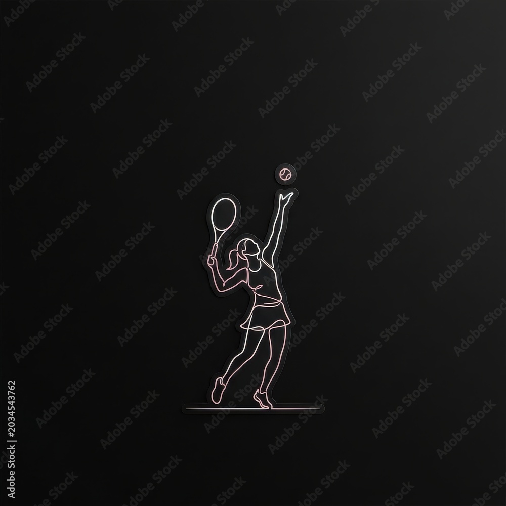 Obraz premium Minimalist pink neon line art of a female tennis player serving a ball, isolated on a dark background for sports branding, fitness websites, and athletic event promotional materials
