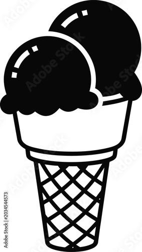 Black and white illustration of a double scoop ice cream cone