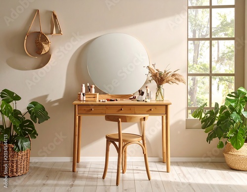 Sunlit Minimalist Wooden Vanity Table with Round Mirror in Modern Room