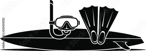 Snorkel gear and surfboard silhouette ocean recreation equipment