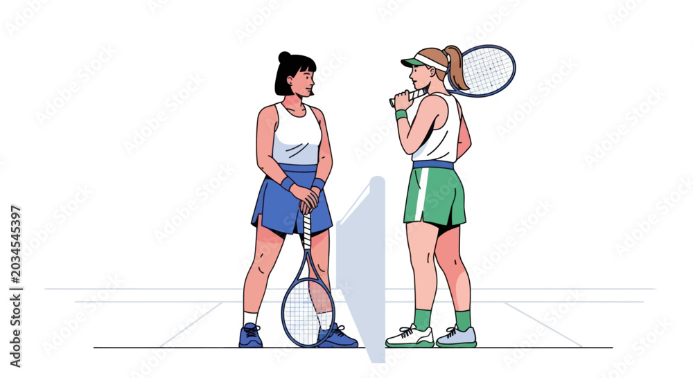 Fototapeta premium Two female tennis players in sportswear talking at the net during a match
