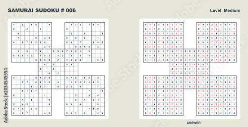 Tableau sur toile Printable samurai sudoku puzzle grid 006 with full solution