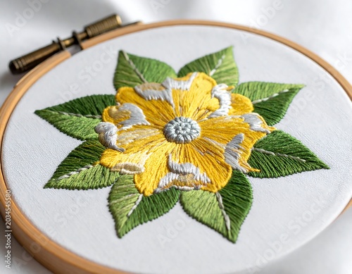 Detailed Yellow Floral Embroidery Design Displayed in Wooden Hoop on White Fabric