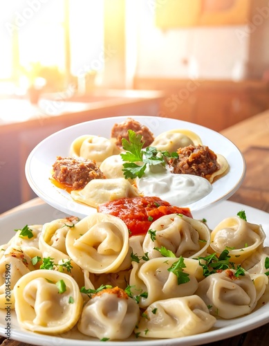 Fresh Dumpling Pasta Served with Sour Cream and Herb Garnish on Rustic Kitchen Table