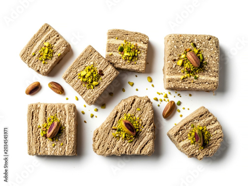 Traditional sweet pieces of tasty sunflower halva isolated on white background for oriental dessert concepts