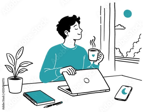 **Title:**
Digital Detox Lifestyle Illustration with Relaxed Man Disconnecting from Technology While Enjoying Coffee, Mindfulness and Quiet Time at Home Workspace
