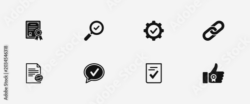 Cuadro en lienzo Verified and quality check icons featuring magnifying glass gear and document stamps for authentication certification procedures professional approval standards and official validation mark