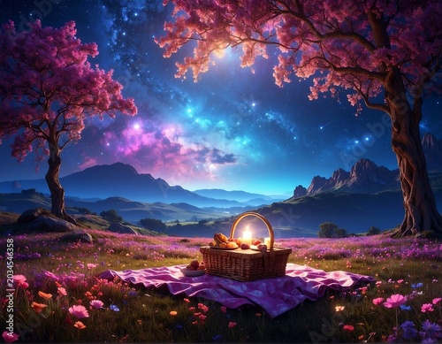 Glowing Picnic Basket Resting on Blanket in Flower Meadow Beneath Starry Night Sky