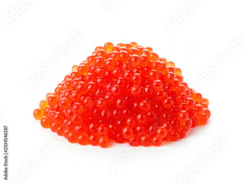 Fresh salted salmon red caviar pile isolated on white background for traditional gourmet seafood delicacy themes
