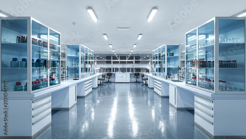 Modern scientific laboratory interior with advanced equipment, computers and research workstations, medical and pharmaceutical lab environment. 3D illustration