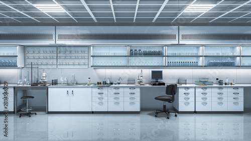 Modern scientific laboratory interior with advanced equipment, computers and research workstations, medical and pharmaceutical lab environment. 3D illustration