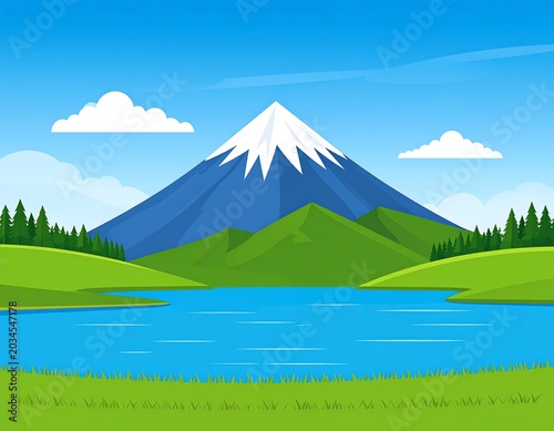 Snow Capped Blue Mountain Rising Above Calm Lake in Green Valley Landscape