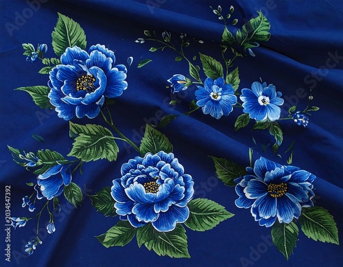 Vibrant Blue Floral Pattern Printed on Folded Satin Fabric Background