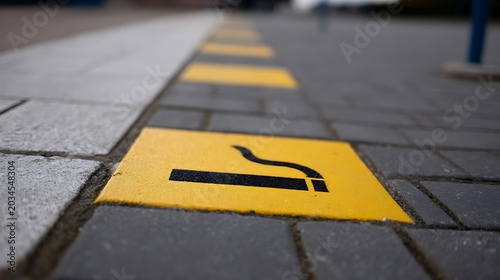 Road marking with symbol for smoke zone on a pavement area, indicating a designated spot for smoking outdoors, with a clear sign