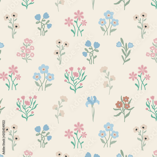 Seamless vector toss pattern with scattered wildflower bouquets featuring iris, anemone, forget me not and cosmos in pastel pink, blue and terracotta on cream background. Cottagecore spring style.