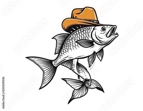 Detailed Leaping Fish Wearing Brown Cowboy Hat on Plain Gray Background