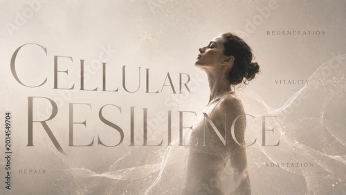 Woman standing in ethereal light aura for cellular resilience concept. Biological regeneration, skin vitality and body repair