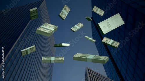 Falling stacks of money low angle skyscraper background