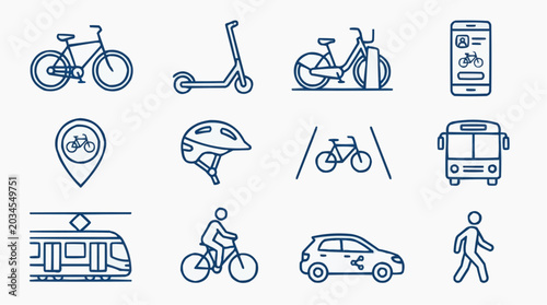 A collection of transportation icons including bicycles, scooters, a bus, a train, a car, a pedestrian, a helmet, and a mobile app, representing various modes of travel and urban mobility