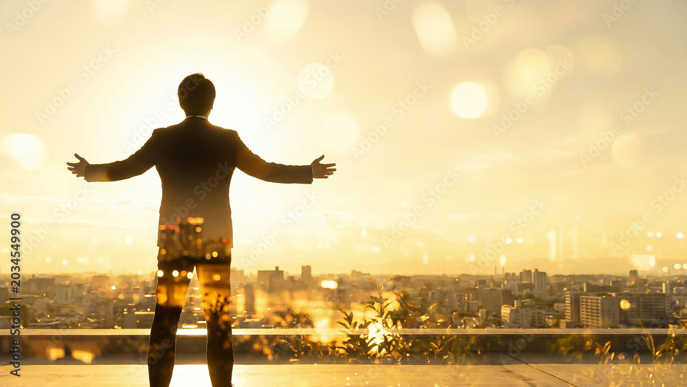 Fototapeta premium Sparkling Sunrise Backlit Silhouettes of Two Japanese Businessmen Double Exposure Cityscape Toward Hope and Future Success Perfect for Corporate Advertising Recruitment and Vision Presentations