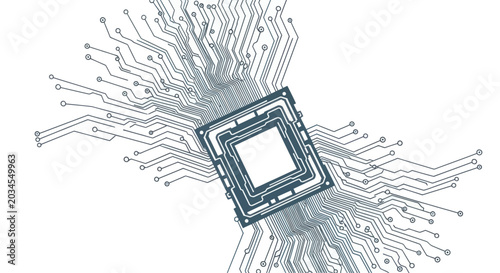 Foto Central Processing Unit (CPU) microchip with radiating circuit board lines on wh