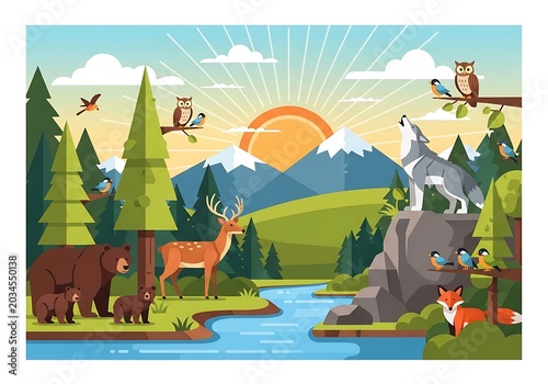Vibrant Wildlife Scene with Forest Mountains and River.