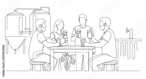 Cuadro en lienzo Friends enjoying craft beer tasting at a brewery, line art illustration