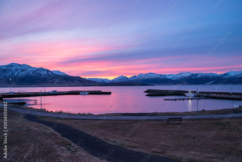 Fototapeta premium sunset on island of Hrisey in Iceland