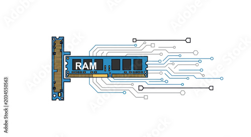 Photos RAM module connected to circuit board, digital technology concept