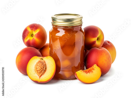Sweet peach fruit jam in clear glass jar with fresh whole slices isolated on white background for breakfast