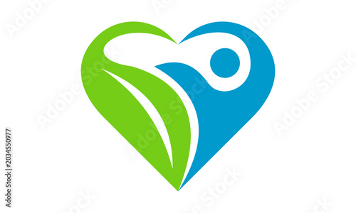 healthcare and leaf in heart shape for wellness branding