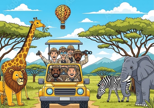 Wildlife Safari Adventure with Diverse Animals and Tourists.