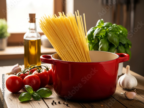Uncooked Italian spaghetti pasta bundle in red enameled cooking pot on rustic wooden kitchen table background
