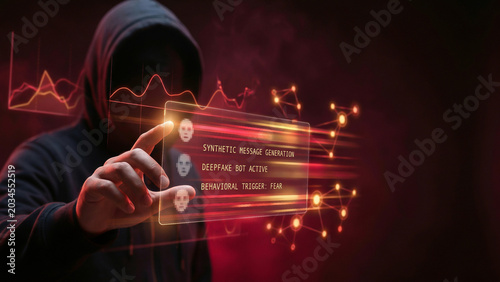 Hooded silhouette touching glowing radiant deepfake bot synthetic message generation card with sparkling behavioral trigger alert Perfect for advertising presentation background cybersecurity