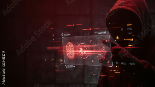 Red hooded silhouette holding glowing radiant biometric authentication tablet with sparkling fingerprint iris face recognition holograms Perfect for advertising presentation background cybersecurity