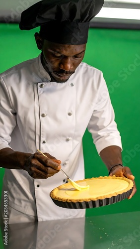 Focused Male Chef Glazing Tart in Kitchen with Green Background