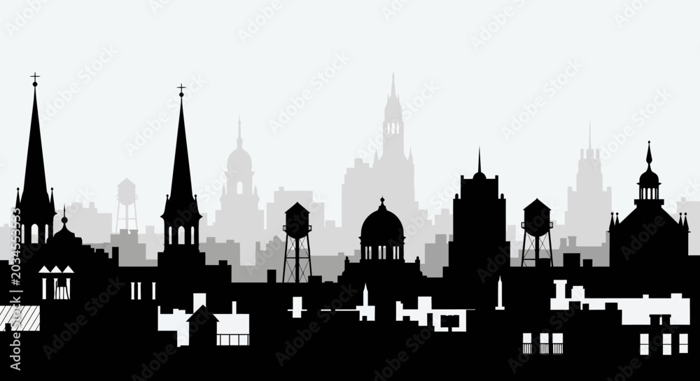 Fototapeta premium Black and white skyline silhouette with various buildings and structures
