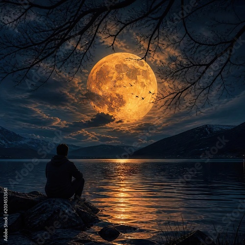 A lone figure sitting on a rocky ledge overlooking a serene lake at night, illuminated by the warm, radiant glow of an oversized full moon hanging in the sky