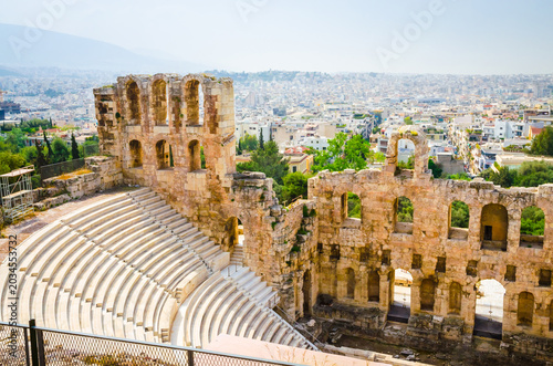 Panoramic view of Odeon of Herodes Atticus below the Acropolis, Athens, capital of Greece.