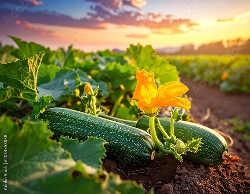 Fresh Green Zucchini Growing with Yellow Blossom in Sunlit Farm Field at Sunset
