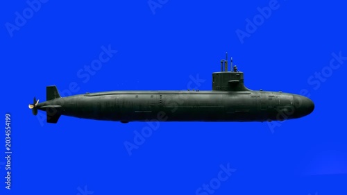 A detailed military submarine moves horizontally across a vibrant blue background. This isolated 3D model is perfect for maritime defense, naval warfare, and military technology presentations.