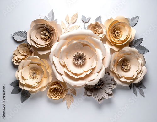 Elegant Paper Flower Arrangement Displayed on Soft Gray Background