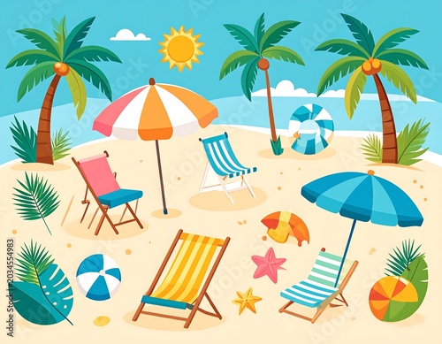 Colorful Tropical Beach Scene with Deck Chairs and Umbrellas Under Sunny Sky