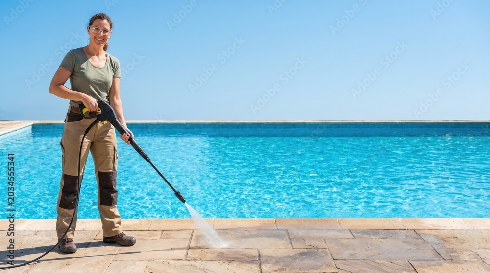 Naklejka premium Young woman cleaning stone patio with pressure washer by swimming pool for home maintenance and summer preparation