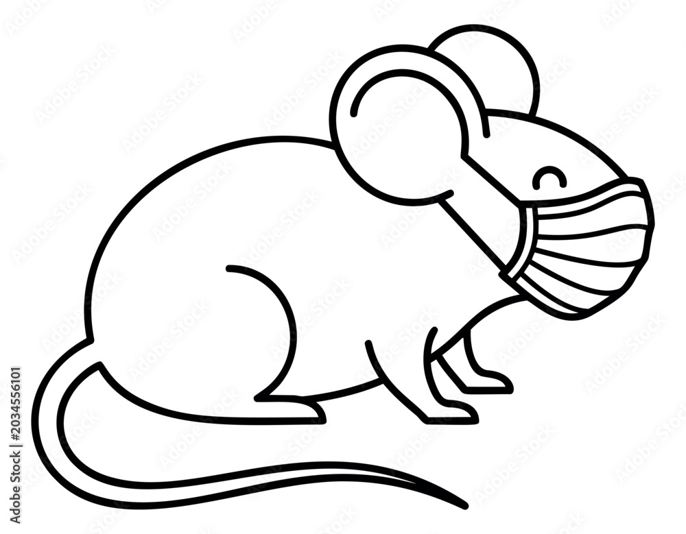 Obraz premium Outline illustration of a mouse wearing a medical face mask depicting pandemic protection for health and humor design