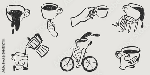 Whimsical cafe doodle set with coffee mugs. Retro hand drawn cup illustrations perfect for menu designs, shop posters and vintage brunch graphics. Grunge textured vector illustration