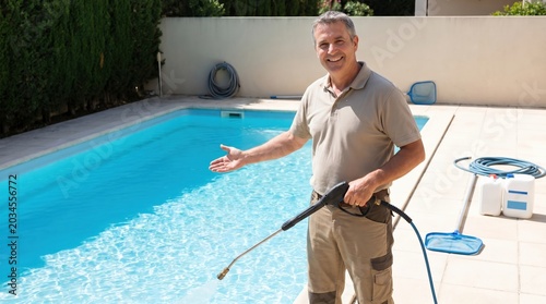 Professional Caucasian Pool Technician Cleaning Residential Swimming Pool with Pressure Washer for Maintenance Service