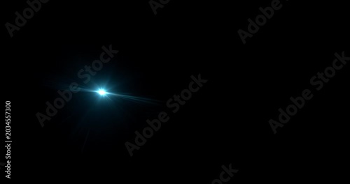 Slow motion of lens flare isolated on black background. Anamorphic lens. Cinematic glowing light overlay with optical streaks and rays for VFX compositing and transitions.